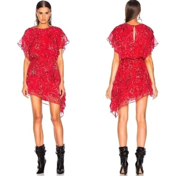 IRO Blame Dress Asymmetrical Hem Floral Red Size 38/6 - Picture 1 of 12